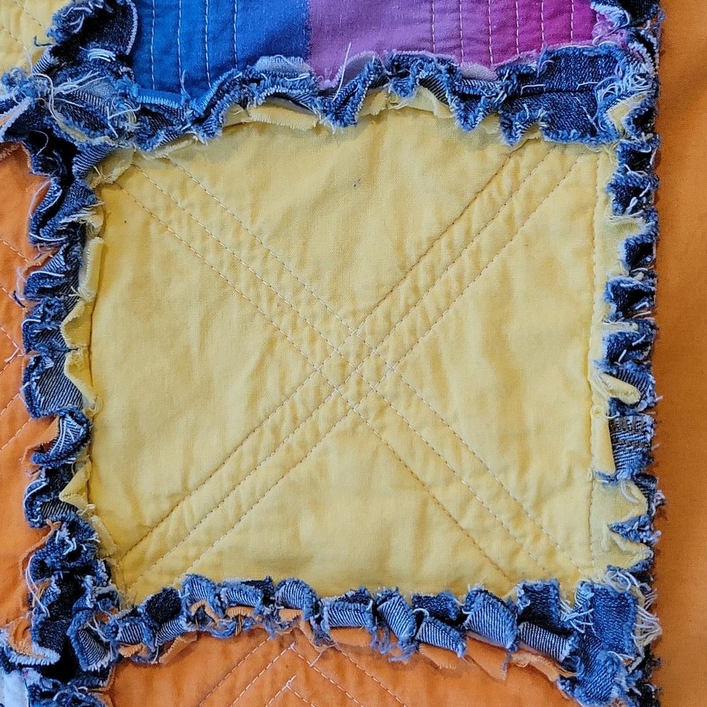 HAND CRAFTED Rag Quilt UPCYCLED Denim Blue Jeans Owl Cotton Fabric 55"x 41" - Picture 6 of 16
